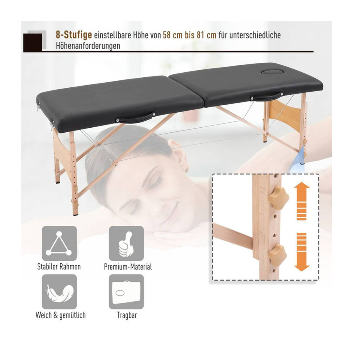 HOMCOM Massageliege aus Pappelholz mit Auflagen in Schwarz, minimalistisches Design, B/H/T: 186 x 58 x 60 cm - Bild 3