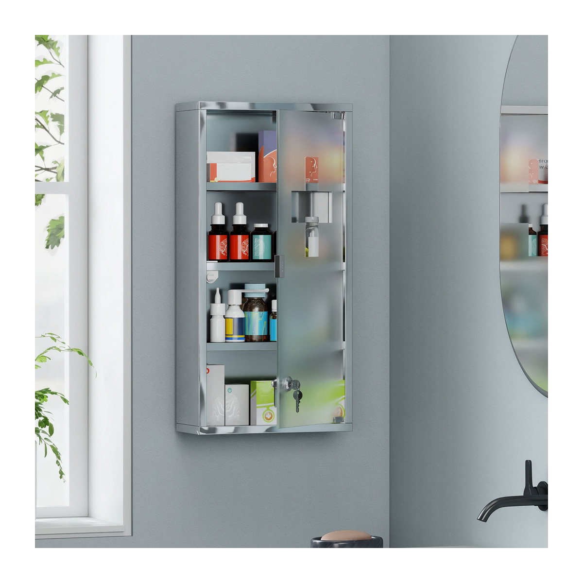 HOMCOM Medizinschrank aus Edelstahl mit Schloss und Glaselement, Farbe Silber, B/T/H: 12 x 30 x 60 cm - Bild 2