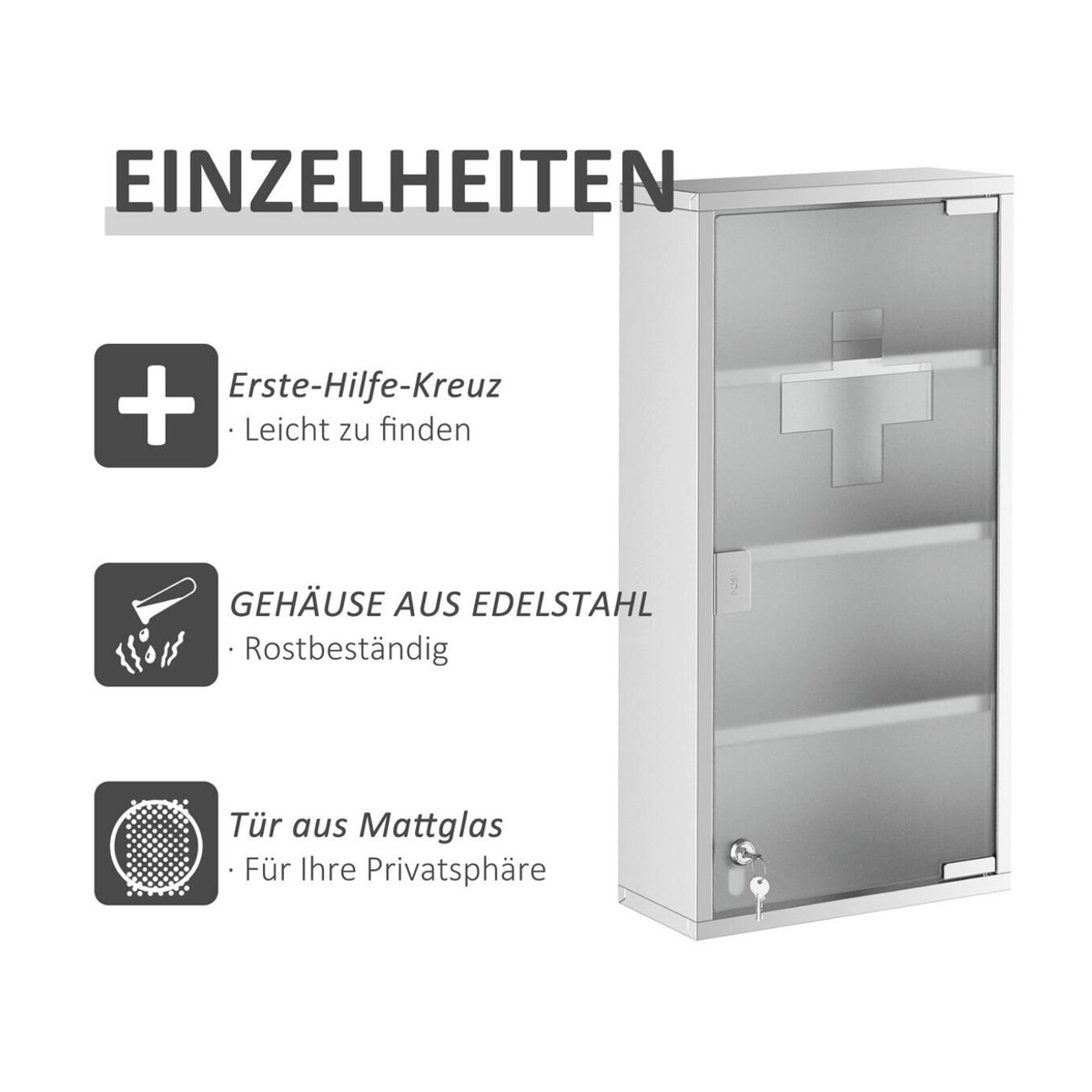 HOMCOM Medizinschrank aus Edelstahl mit Schloss und Glaselement, Farbe Silber, B/T/H: 12 x 30 x 60 cm - Bild 4