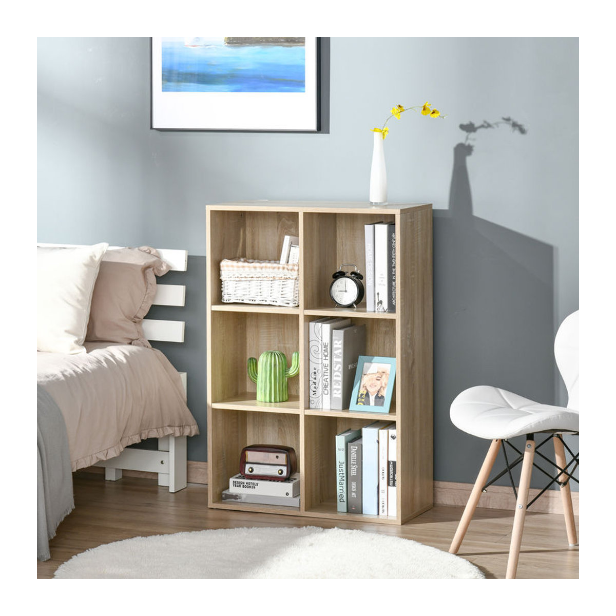 HOMCOM Mobiles Würfelregal mit 6 Fächern in Eiche Natur, Skandinavisches Holzregal als Raumteiler, B/T/H: 65,5 x 30 x 97,5 cm - Bild 2