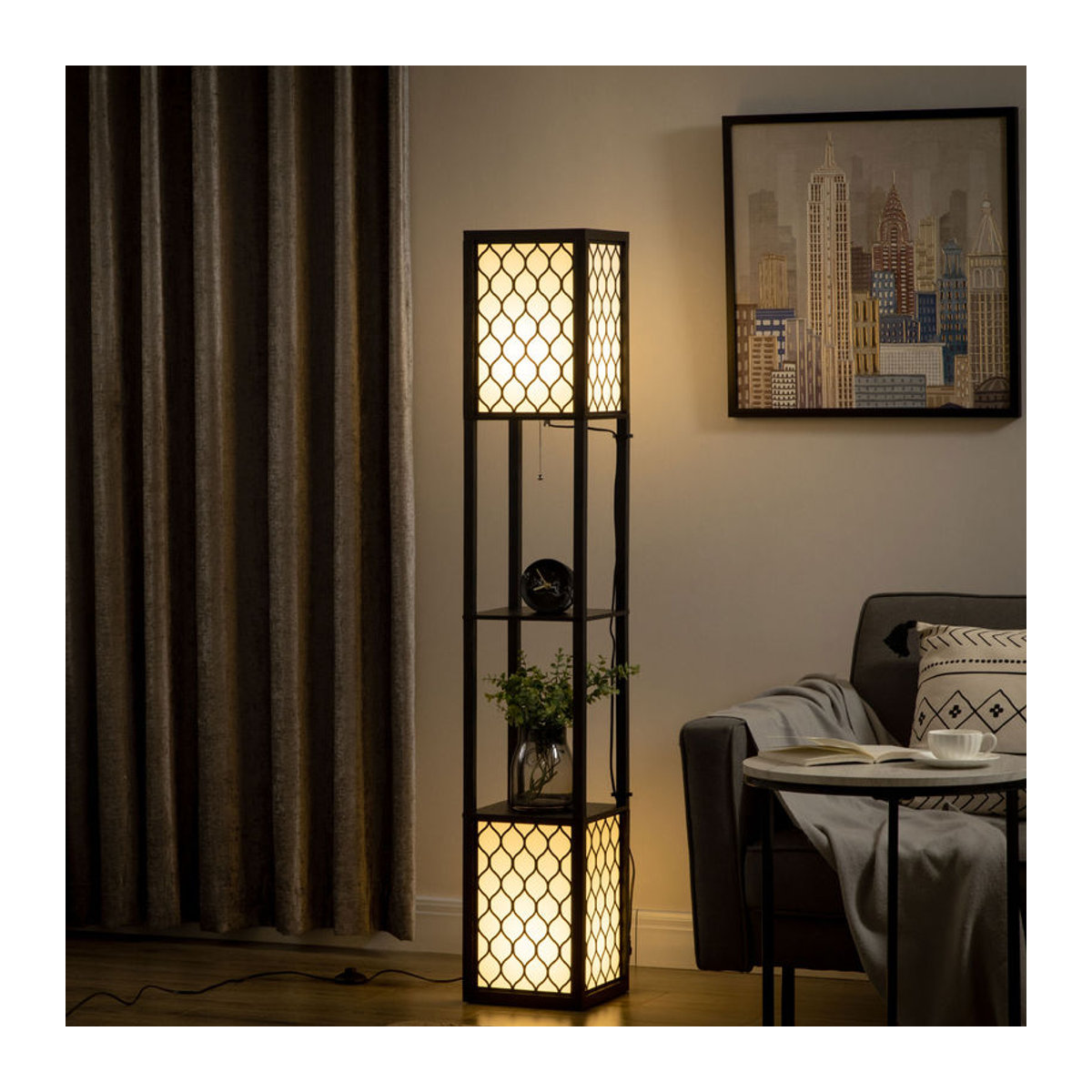 HOMCOM Moderne Stehlampe mit Regal und Doppellicht in Schwarz mit Stoffschirm und E27 Fassung - Bild 2