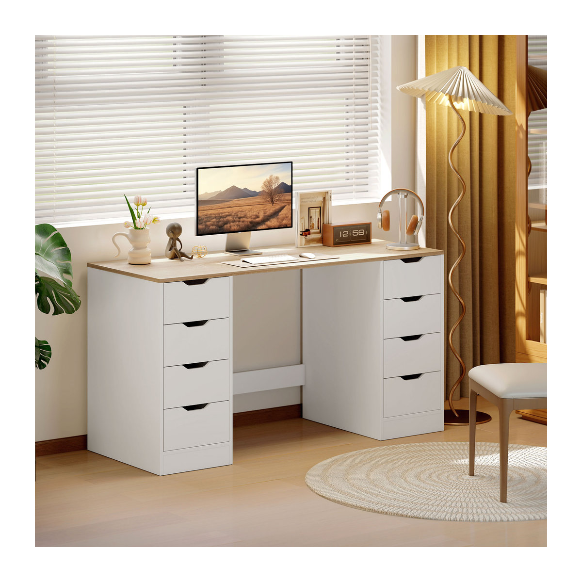HOMCOM Moderner Schreibtisch mit 8 Schubladen in Weiß, B/T/H: 140 x 53 x 75 cm - Bild 2