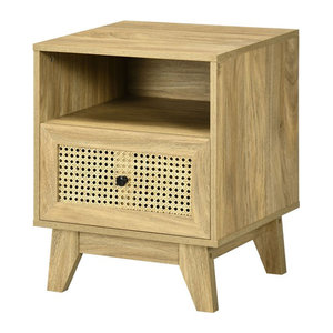 HOMCOM Nachttisch in Natur mit Rattanfront und Schublade im Vintage Design, B/T/H: 45 x 39 x 56,5 cm