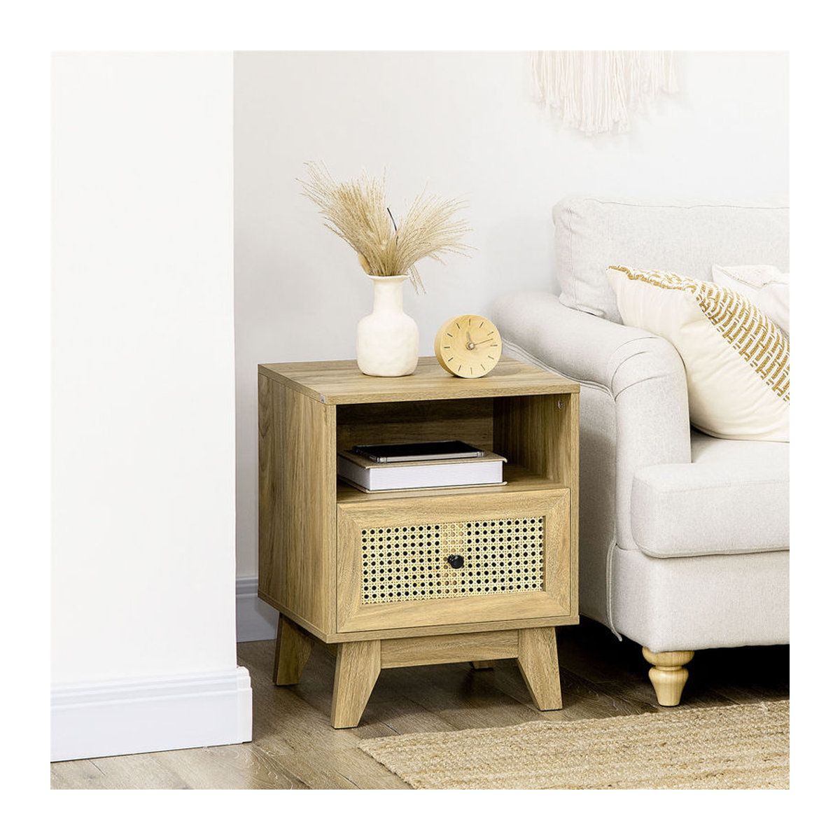 HOMCOM Nachttisch in Natur mit Rattanfront und Schublade im Vintage Design, B/T/H: 45 x 39 x 56,5 cm - Bild 2