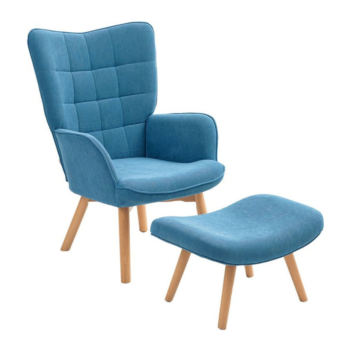 HOMCOM Ohrensessel mit Hocker in Blau im skandinavischen Design mit Cord-Optik und getufteter Rückenlehne - Bild 1