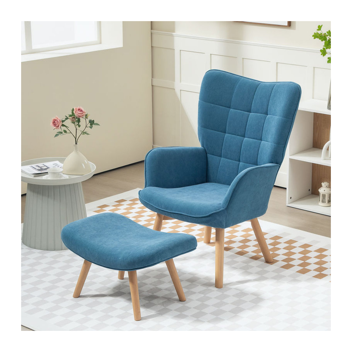 HOMCOM Ohrensessel mit Hocker in Blau im skandinavischen Design mit Cord-Optik und getufteter Rückenlehne - Bild 2