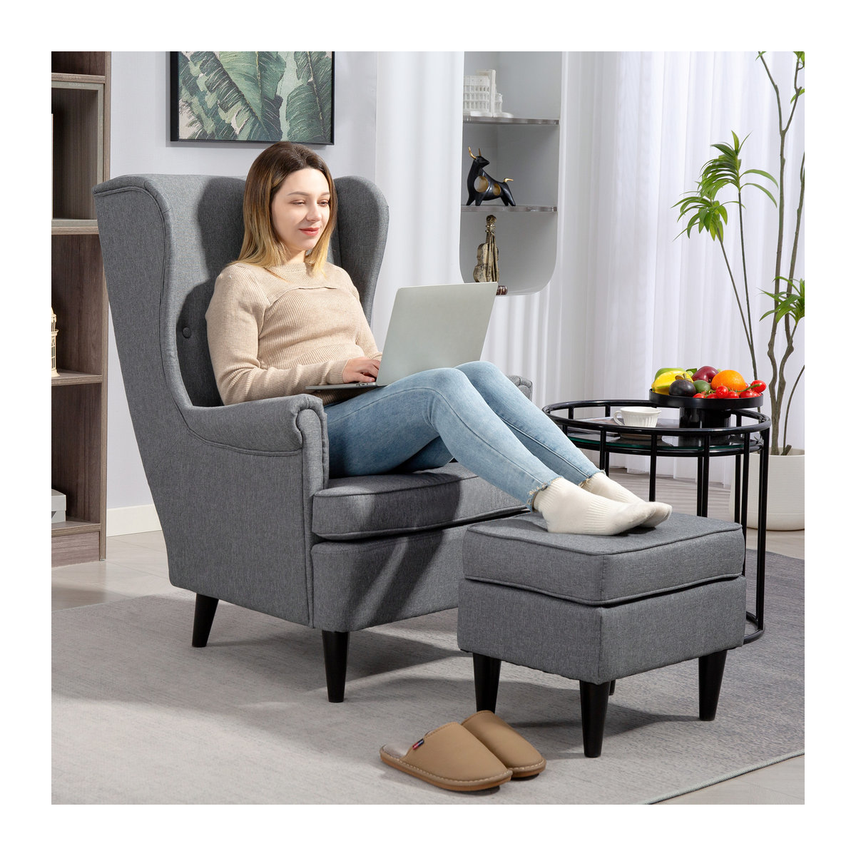 HOMCOM Ohrensessel mit Hocker in Grau mit Leinenoptik und Lendenkissen, moderner Relaxsessel mit Armlehnen für dein Wohnzimmer - Bild 2