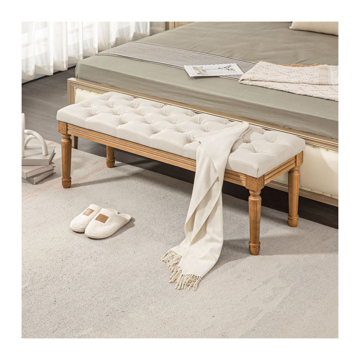 HOMCOM Polsterbank in Leinenoptik mit Holzbeinen für Schlafzimmer, Wohnzimmer oder Flur, Farbe: Beige, B/T/H: 120 x 41 x 48 cm - Bild 2