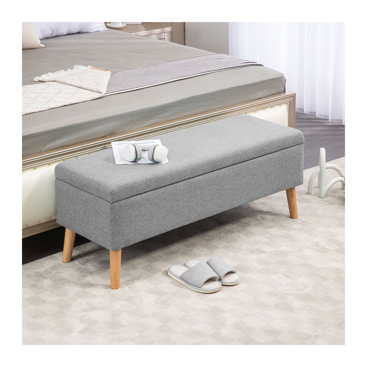 HOMCOM Polsterbank mit Stauraum in Grau mit Leinenoptik, B/T/H: 110 x 39 x 45 cm - Bild 2