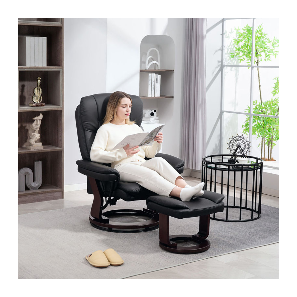 HOMCOM Relaxsessel mit Hocker in Schwarz aus Kunstleder, 360 Grad drehbarer Fernsehsessel mit Liegefunktion und Taschenfeder im modernen Design - Bild 2