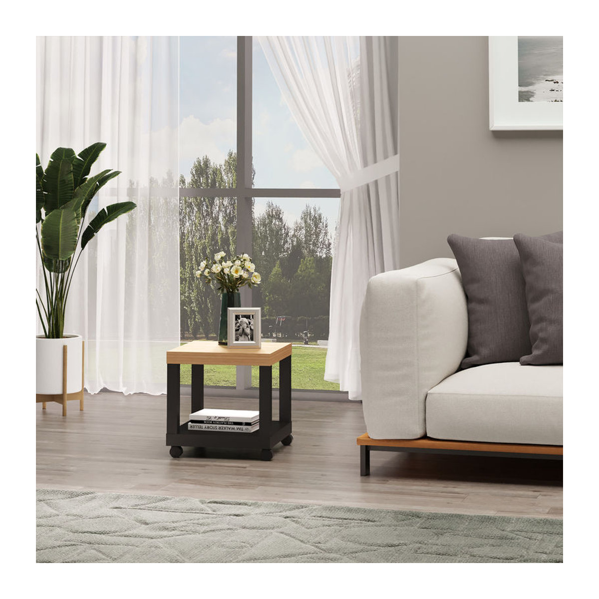 HOMCOM Rollbarer Beistelltisch Modern mit offenem Regal in Naturholz & Schwarz, B/T/H: 40 x 40 x 40 cm - Bild 2