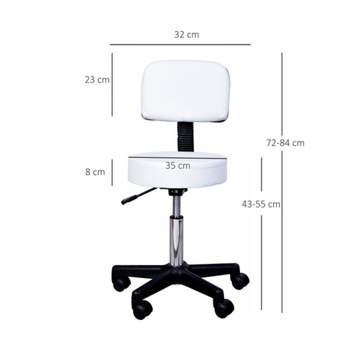 HOMCOM Rollhocker höhenverstellbar mit Rückenlehne und 360 Grad Drehung für Büro oder Salon, Weiß, B: 35 cm, H: 72-84 cm - Bild 3