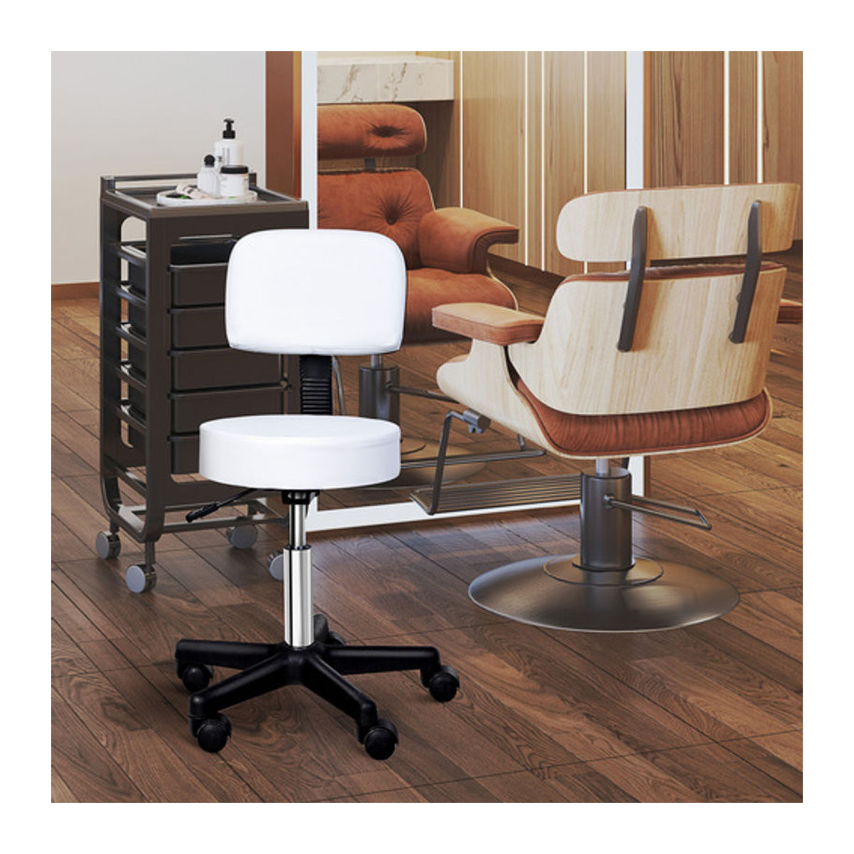 HOMCOM Rollhocker höhenverstellbar mit Rückenlehne und 360 Grad Drehung für Büro oder Salon, Weiß, B: 35 cm, H: 72-84 cm - Bild 4
