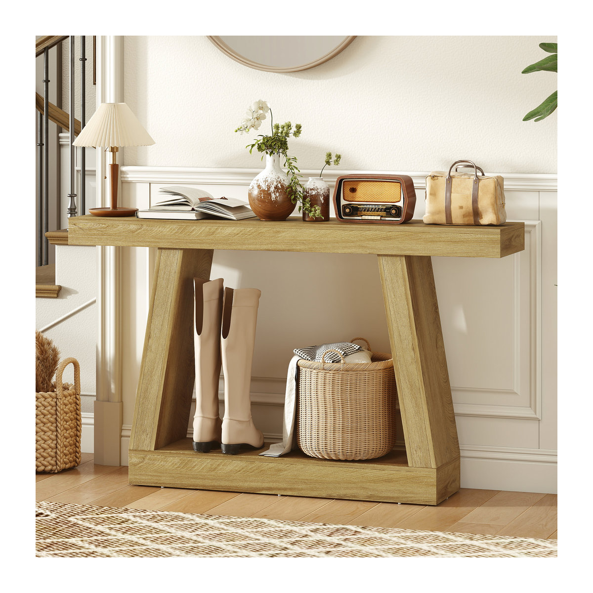 HOMCOM Rustikaler Konsolentisch aus Holz in Eiche Natur, 2-stufiger Flurtisch mit Stauraum, B/T/H: 140 x 30 x 83 cm - Bild 2
