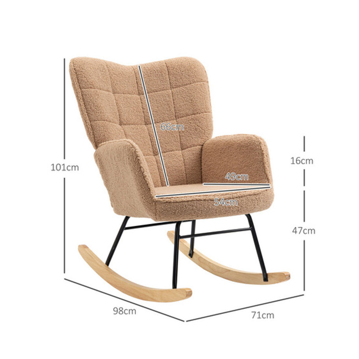 HOMCOM Schaukelstuhl als Relaxsessel in Braun mit Boucle-Stoff und Armlehnen, B/T/H: 71 x 92 x 101 cm - Bild 3