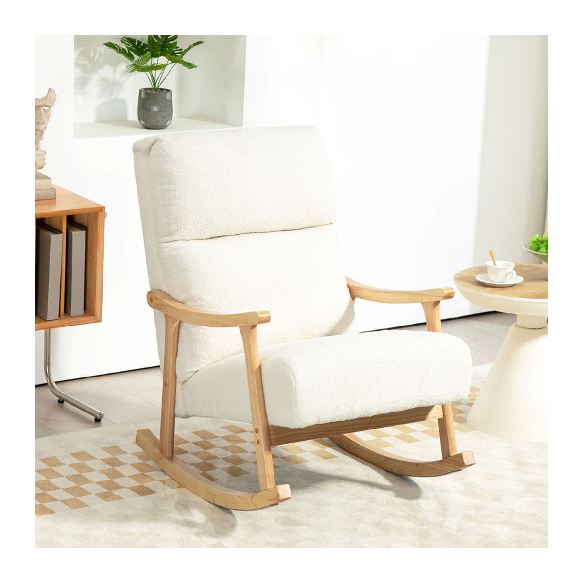 HOMCOM Schaukelstuhl in Samtoptik mit Armlehnen, ergonomischer Schwingsessel in Beige und Weiß, Skandinavisches Design - Bild 2