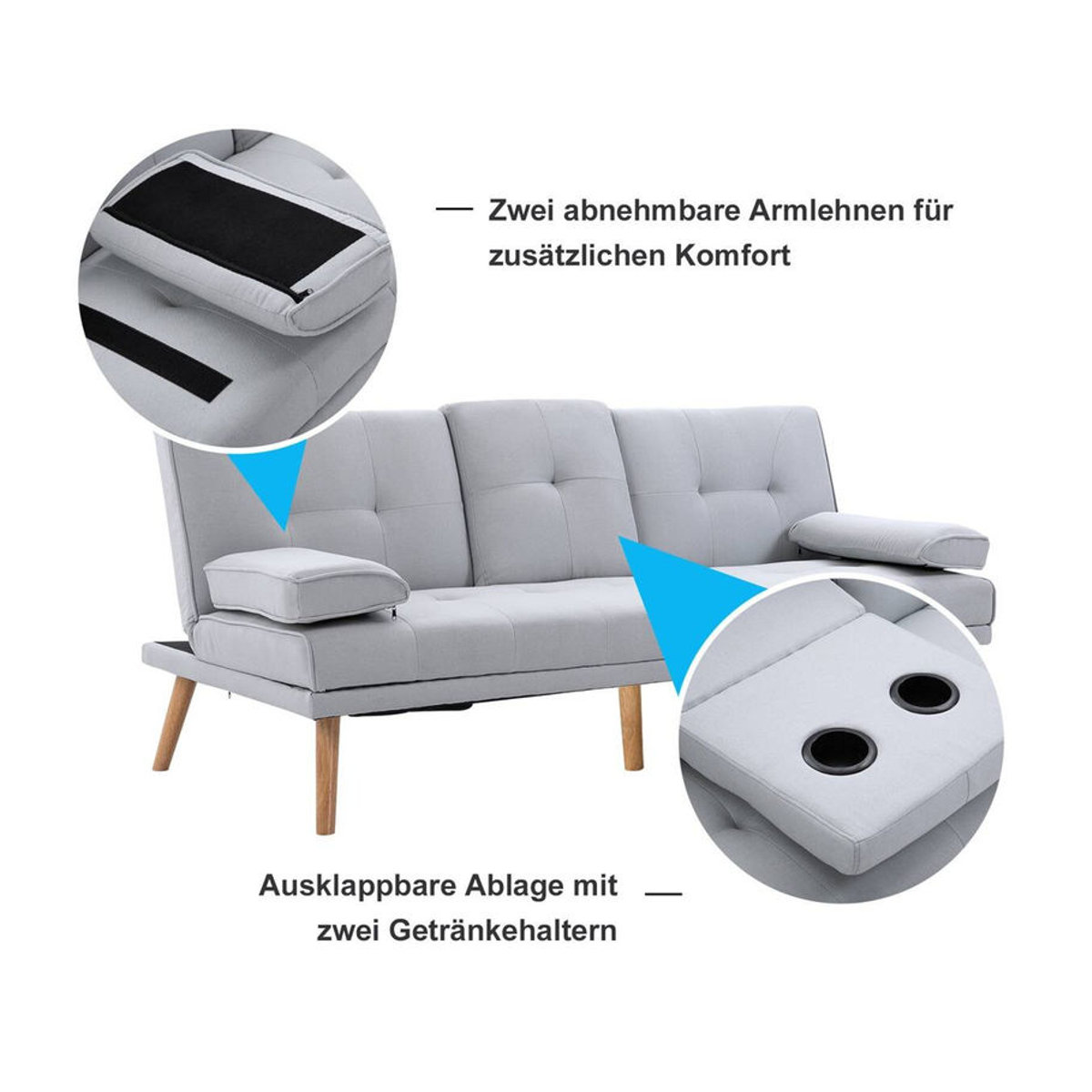 HOMCOM Schlafsofa in Grau im skandinavischen Design aus Stoff und Massivholz, B/H/T: 181 x 78 x 77 cm - Bild 2