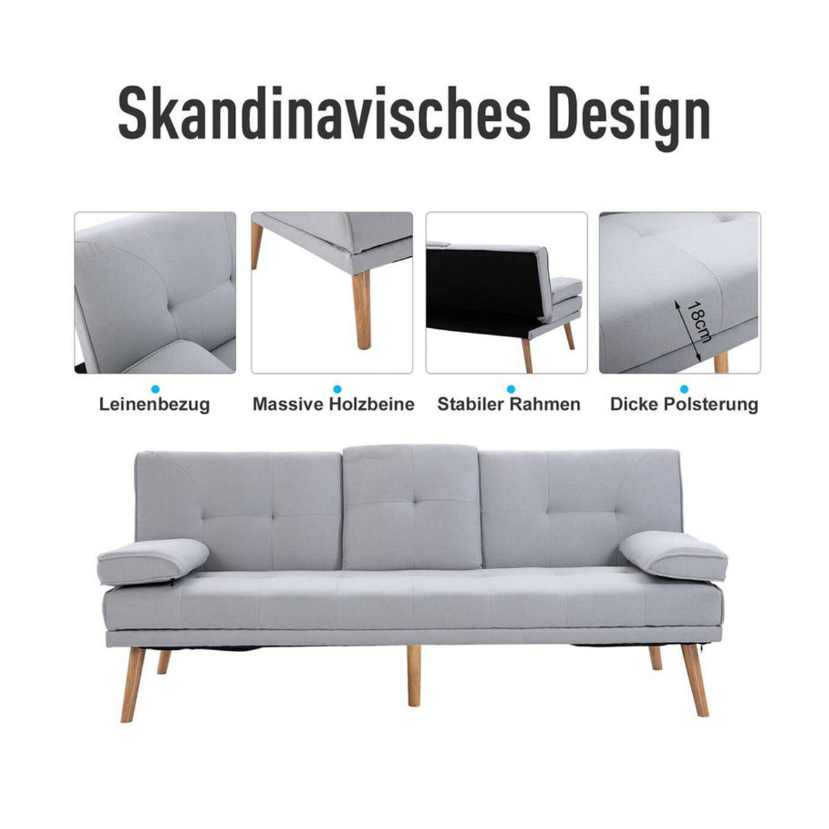 HOMCOM Schlafsofa in Grau im skandinavischen Design aus Stoff und Massivholz, B/H/T: 181 x 78 x 77 cm - Bild 3
