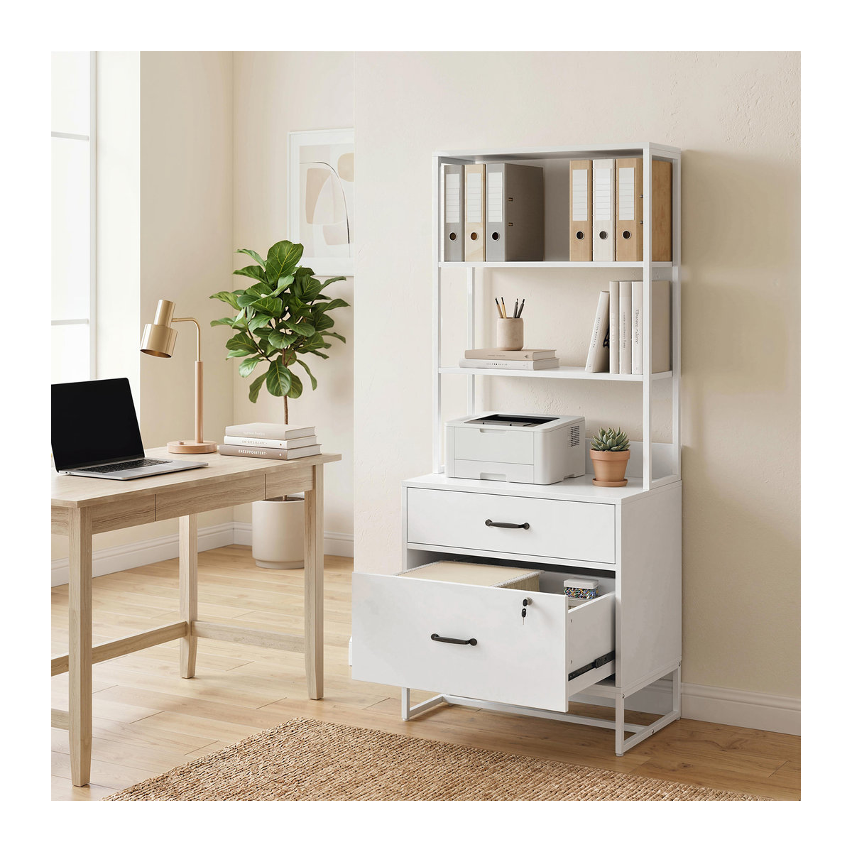 HOMCOM Schreibtisch-Aktenschrank in Weiß mit Regal, 2 Schubladen und Ablagefläche für Drucker sowie Schloss für Büro und Home Office - Bild 2
