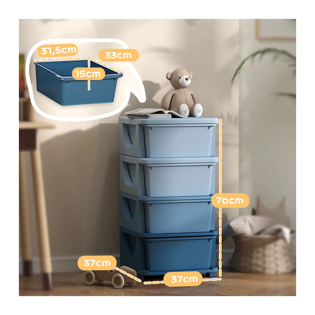 HOMCOM Schubladenschrank für Kinder in Blau mit vier Ebenen und Aufbewahrungsboxen aus Kunststoff - Bild 3