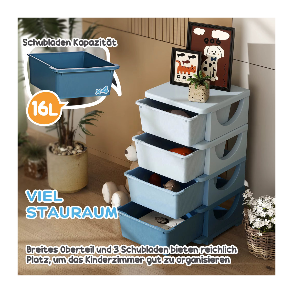 HOMCOM Schubladenschrank für Kinder in Blau mit vier Ebenen und Aufbewahrungsboxen aus Kunststoff - Bild 4