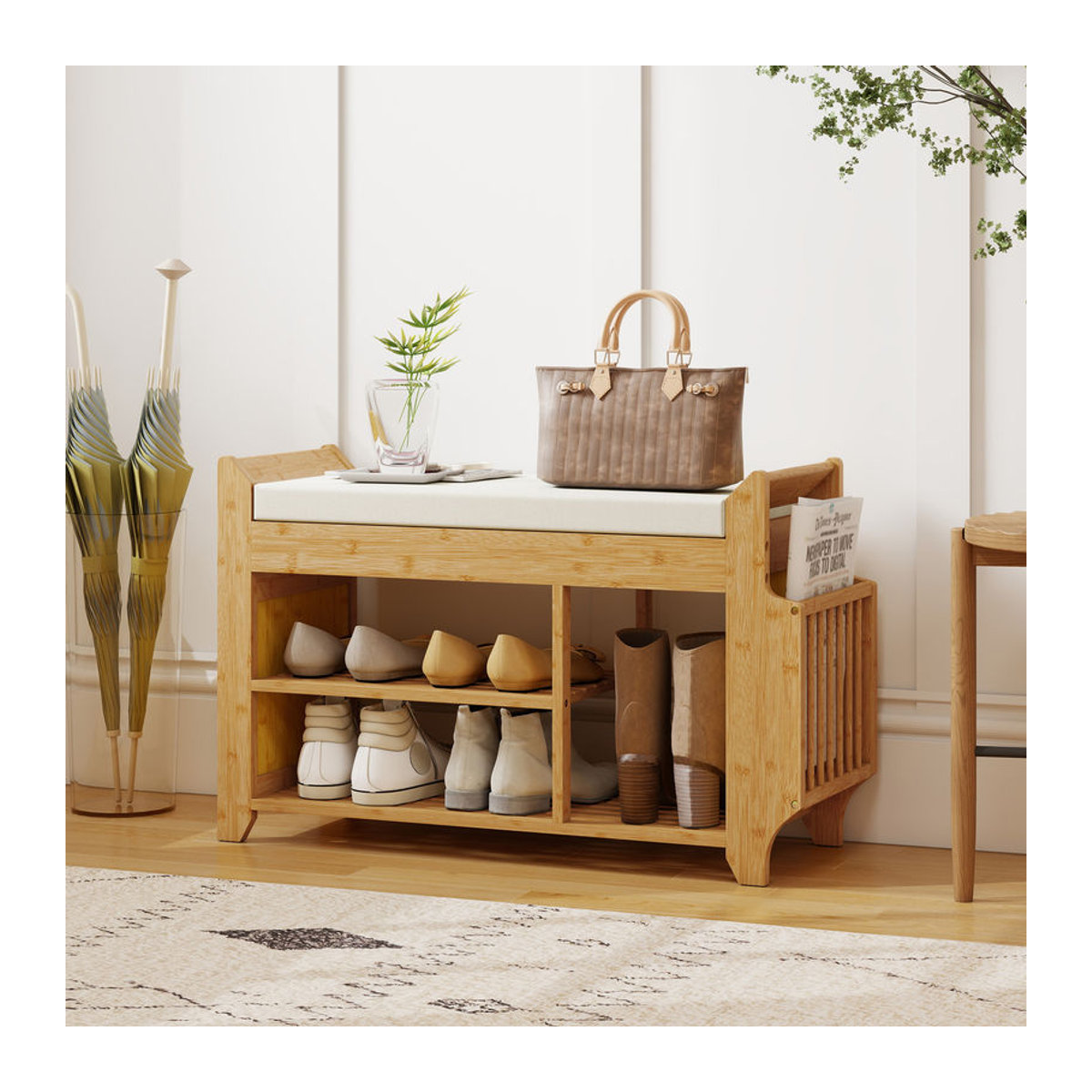 HOMCOM Schuhbank aus Bambus mit gepolstertem Sitz und Stiefelablage, Farbe: Natur und Beige, B/T/H: 80 x 30 x 50 cm - Bild 2