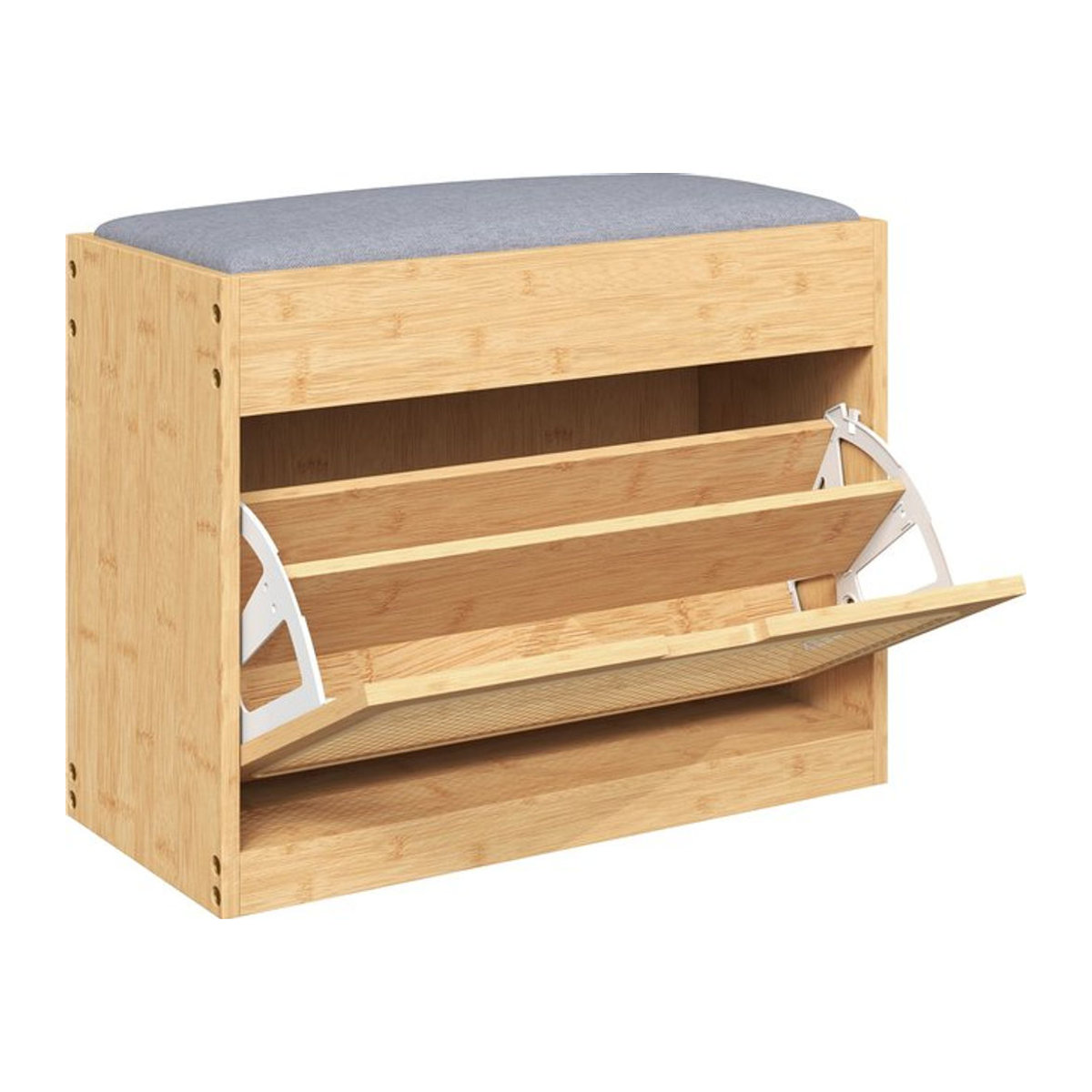 HOMCOM Schuhbank im Bohemian-Stil mit Rattan-Tür und gepolsterter Sitzfläche, Farbe Natur und Grau, B/T/H: 63 x 29 x 48 cm - Bild 1