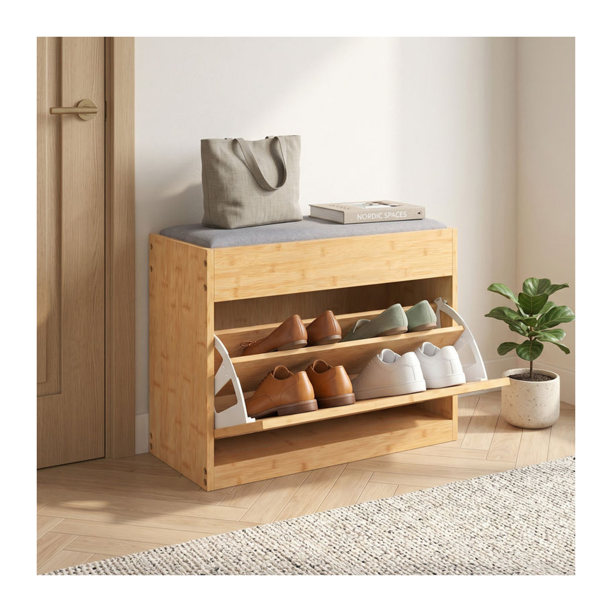 HOMCOM Schuhbank im Bohemian-Stil mit Rattan-Tür und gepolsterter Sitzfläche, Farbe Natur und Grau, B/T/H: 63 x 29 x 48 cm - Bild 2