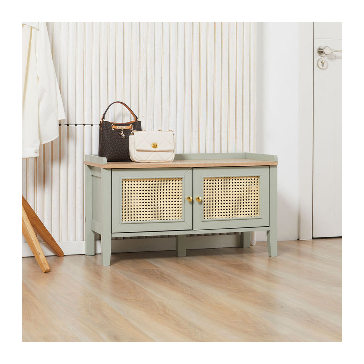 HOMCOM Schuhbank mit Rattanoptik und 2 Schränken in Grün, Garderobenbank für Flur und Diele, B/T/H: 80 x 35 x 45 cm - Bild 2