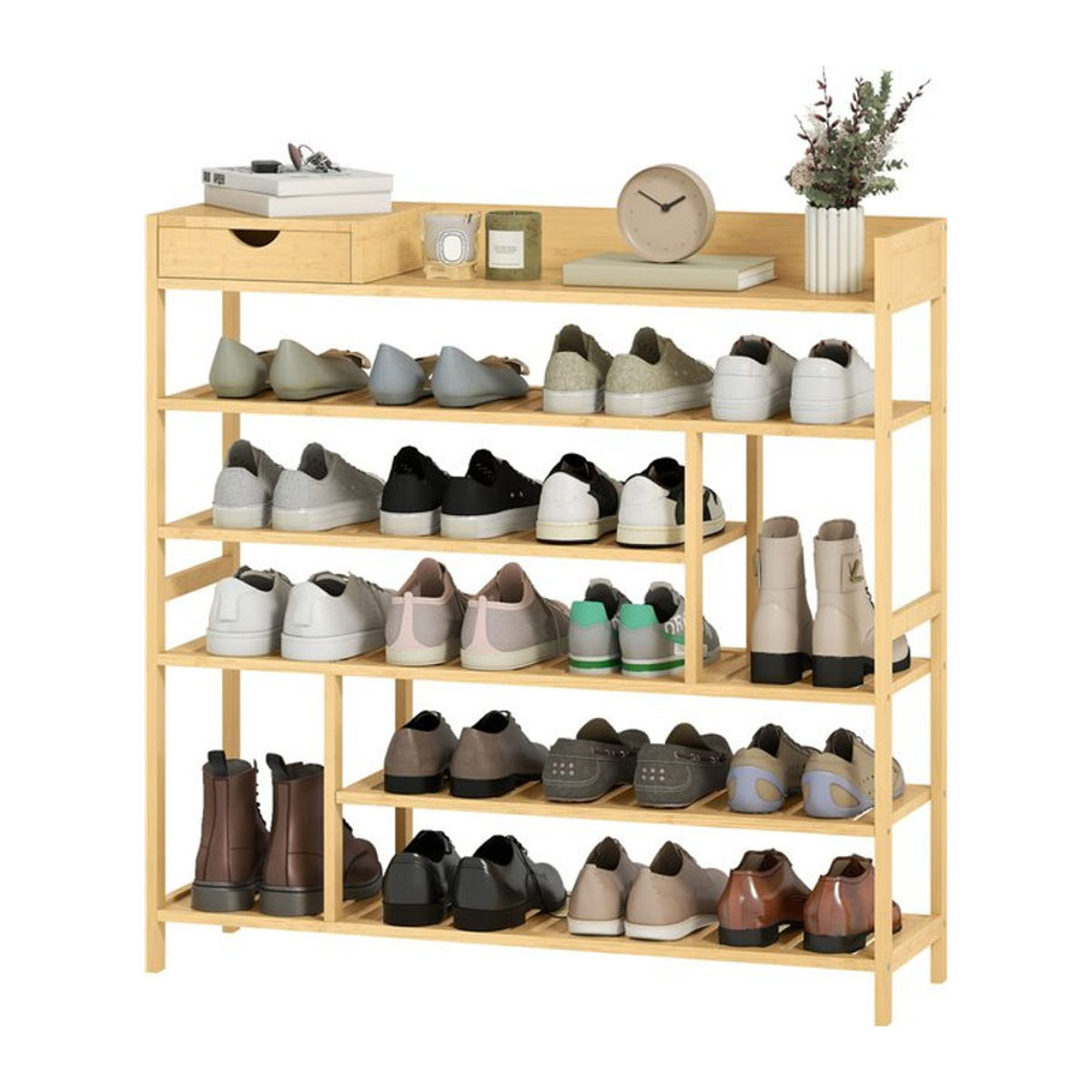 HOMCOM Schuhregal aus Bambus mit 6 Ebenen und Schublade, Natur, B/T/H: 101 x 30 x 100 cm - Bild 1