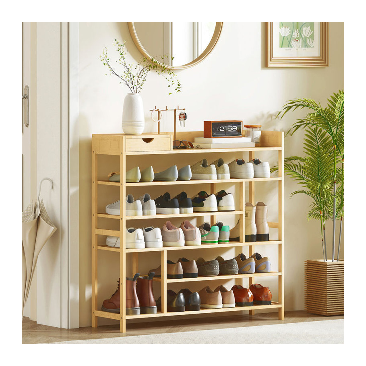 HOMCOM Schuhregal aus Bambus mit 6 Ebenen und Schublade, Natur, B/T/H: 101 x 30 x 100 cm - Bild 2