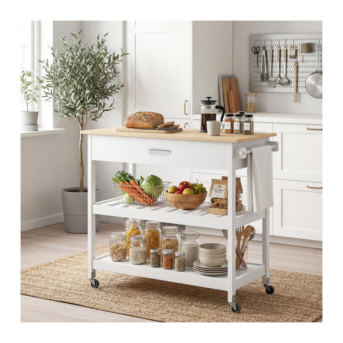 HOMCOM Servierwagen mit 3 Ebenen in Weiß, moderner Küchenwagen mit Schublade, Regalen und Handtuchhalter, B/T/H: 108,8 x 51 x 92,5 cm - Bild 2