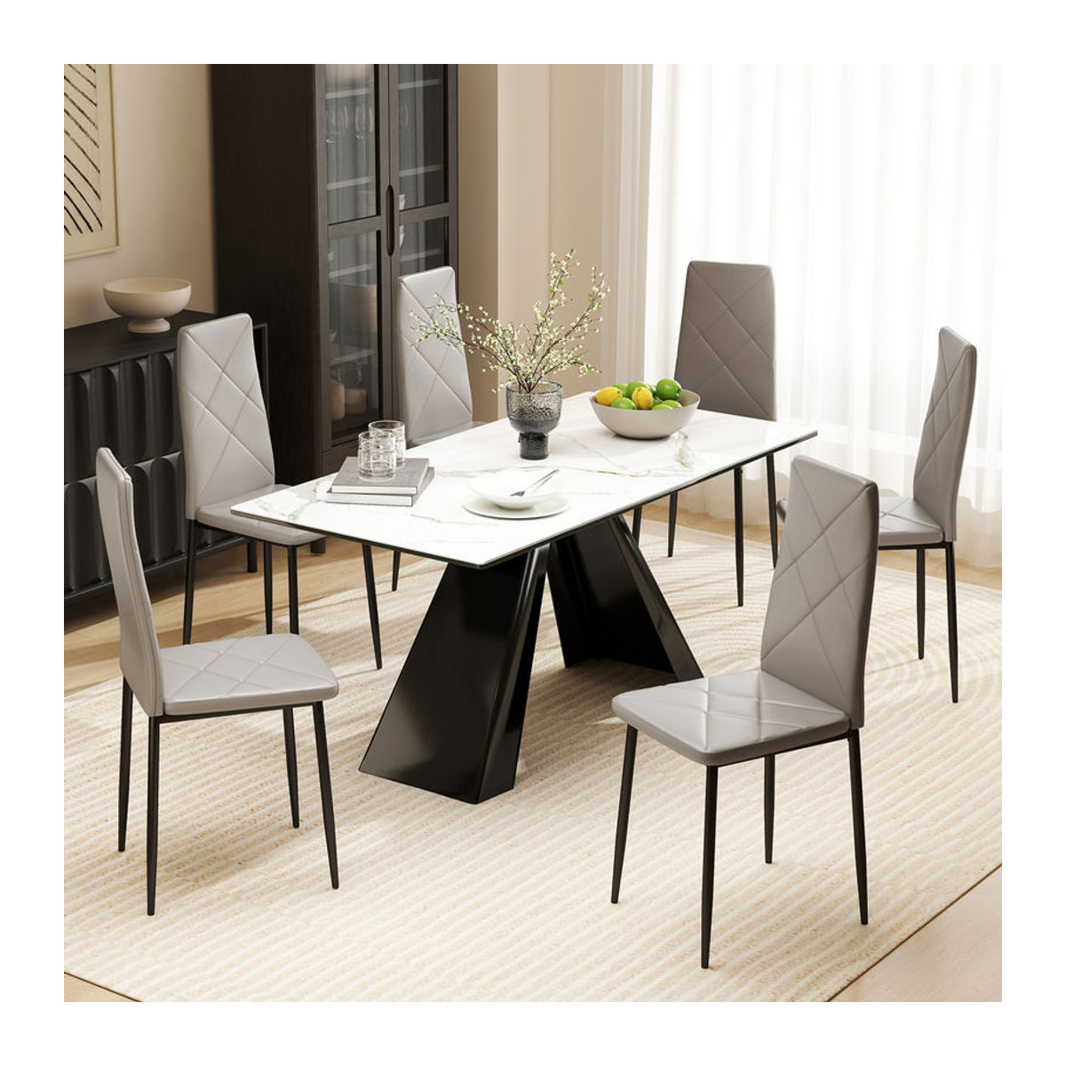 HOMCOM Set mit 6 Esszimmerstühlen aus Kunstleder in Grau mit hoher Rückenlehne und Diamantsteppung sowie Stahlbeinen im modernen Design - Bild 2
