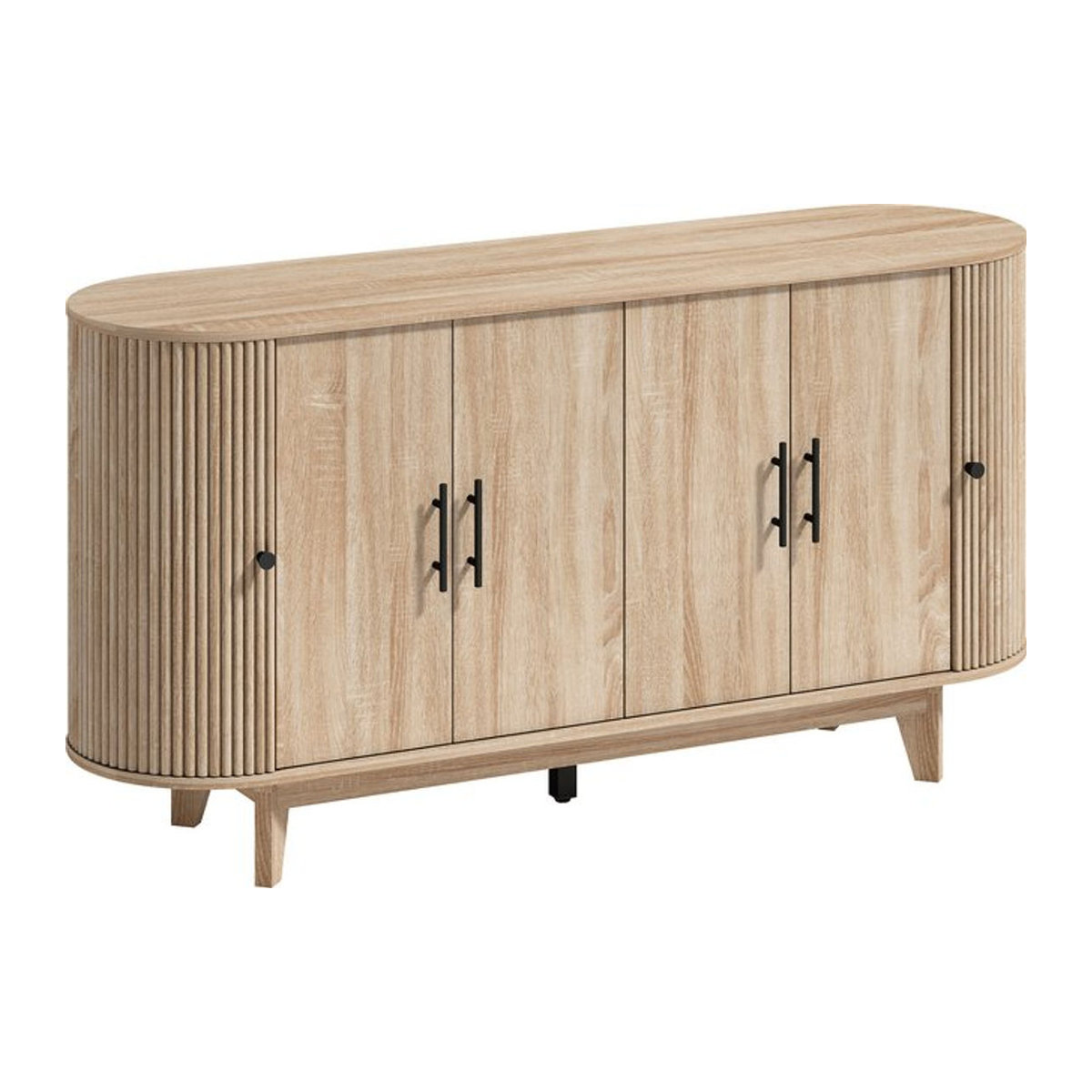 HOMCOM Sideboard in Eiche Natur, modernes ovales Aufbewahrungsmöbel mit 4 Türen und 2 verstellbaren Ablagen, B/T/H: 147 x 40 x 76 cm - Bild 1
