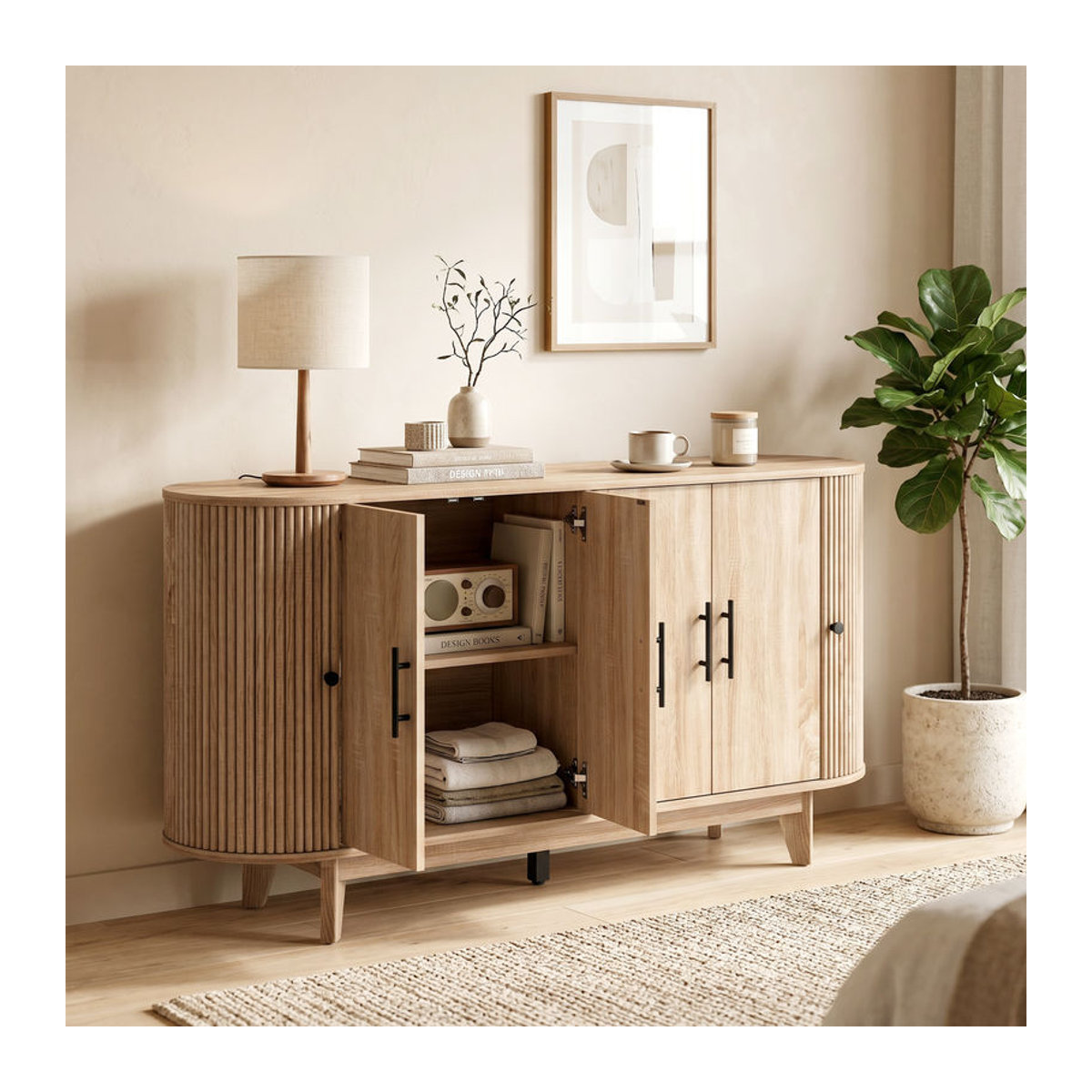HOMCOM Sideboard in Eiche Natur, modernes ovales Aufbewahrungsmöbel mit 4 Türen und 2 verstellbaren Ablagen, B/T/H: 147 x 40 x 76 cm - Bild 2
