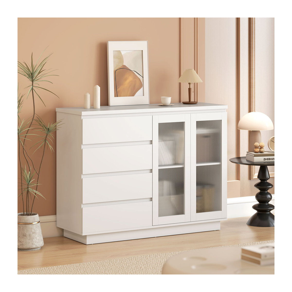 HOMCOM Sideboard in Weiß mit 4 Schubladen und 2 Soft-Close-Glastüren, moderner Aufbewahrungsschrank für Wohnzimmer und Küche, B/T/H: 120 x 40 x 91 cm - Bild 2