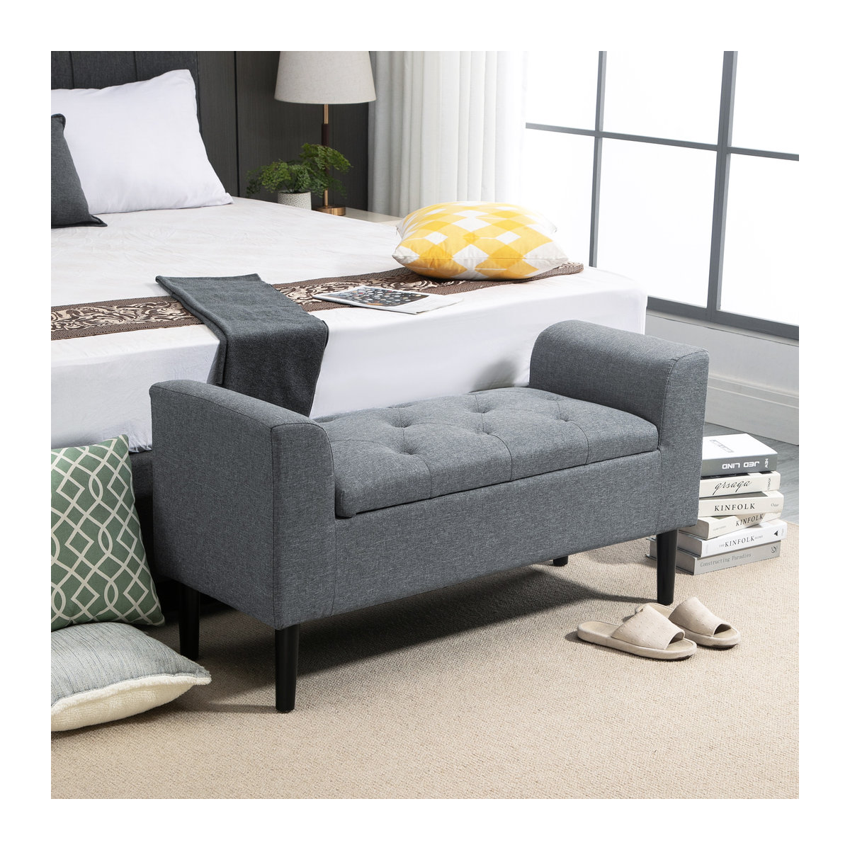 HOMCOM Sitzbank mit Stauraum in Leinenoptik mit Holzbeinen, Hellgrau, B/T/H: 116 x 44 x 58 cm - Bild 2