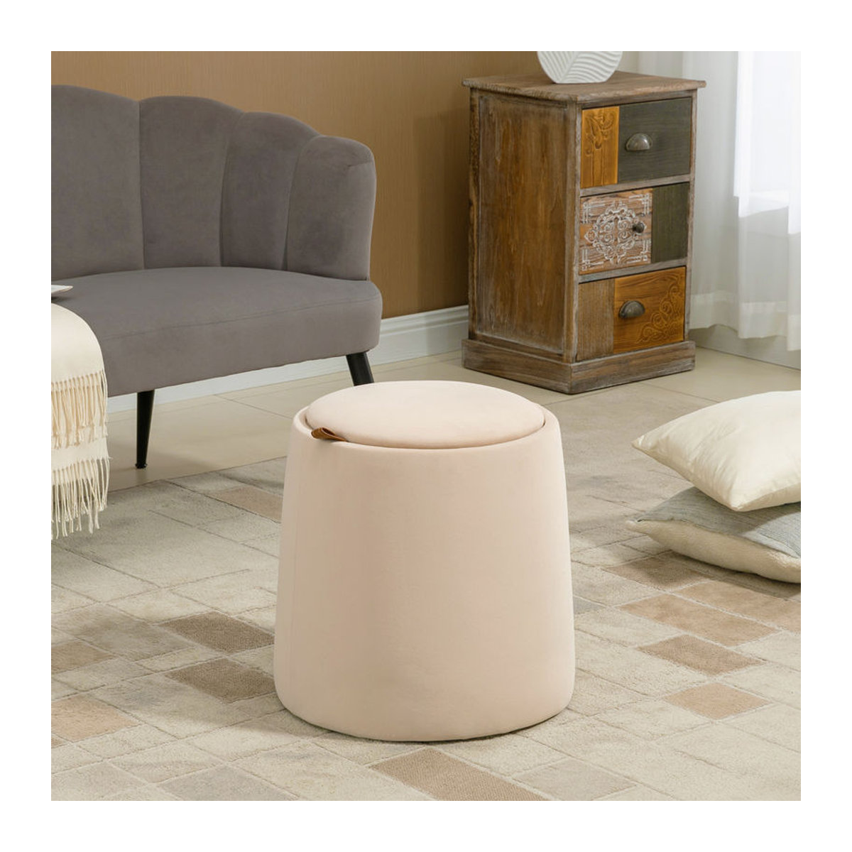 HOMCOM Sitzhocker Ottomane mit Stauraum in Beige Samtoptik, runder Polsterhocker und Beistelltisch, Durchmesser: 44 cm, Höhe: 47,5 cm - Bild 2
