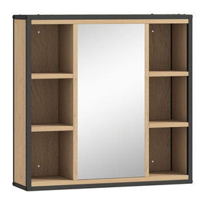 HOMCOM Spiegelschrank in Eiche mit 6 offenen Fächern und verstellbarem Regal, Industrieller Badezimmerschrank mit Wandspiegel, B/H/T: 60 x 58,5 x 16 cm