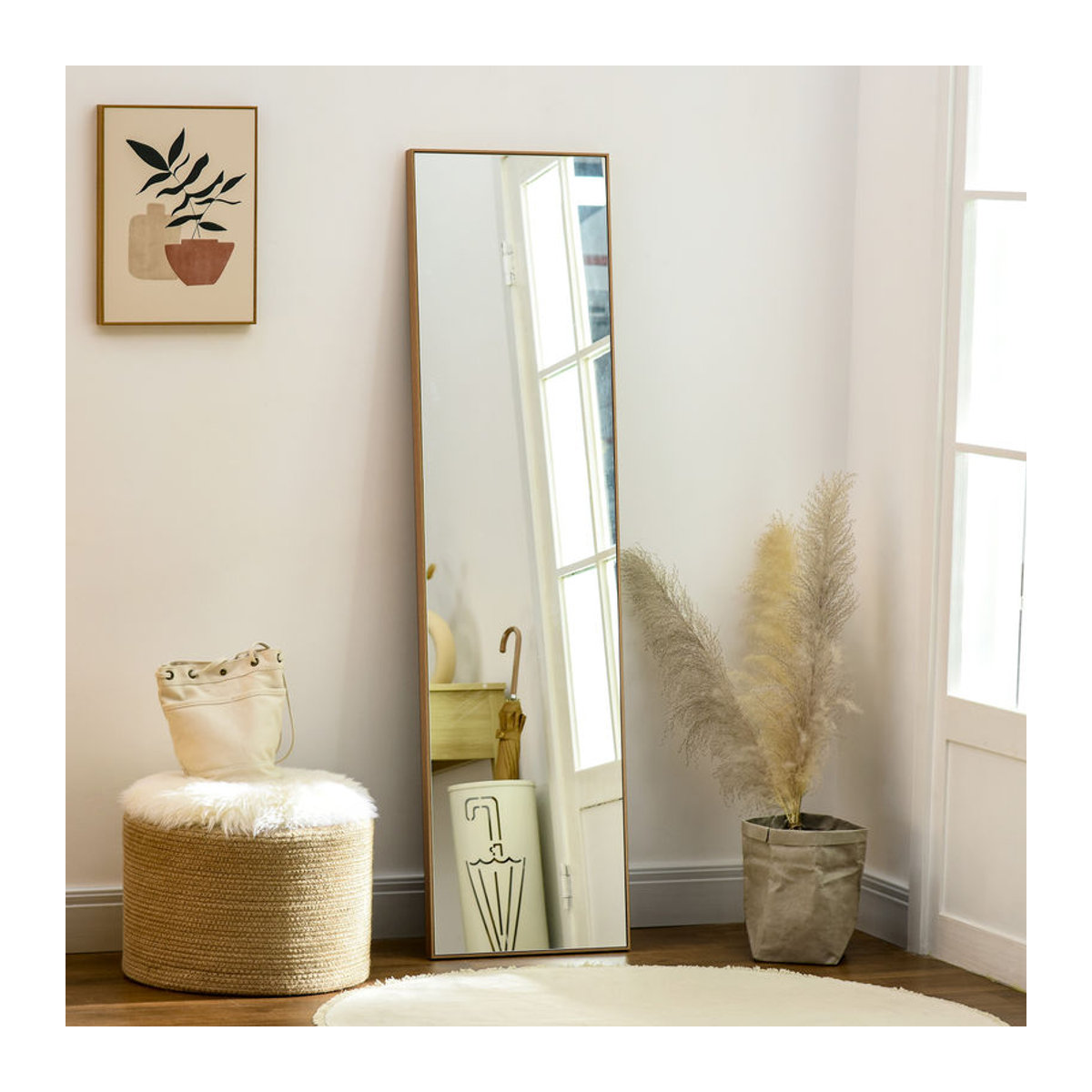 HOMCOM Standspiegel mit Holzmaserung als Ganzkörperspiegel und Schminkspiegel in Silber und Hellbraun, B/T/H: 40 x 35 x 147 cm - Bild 2