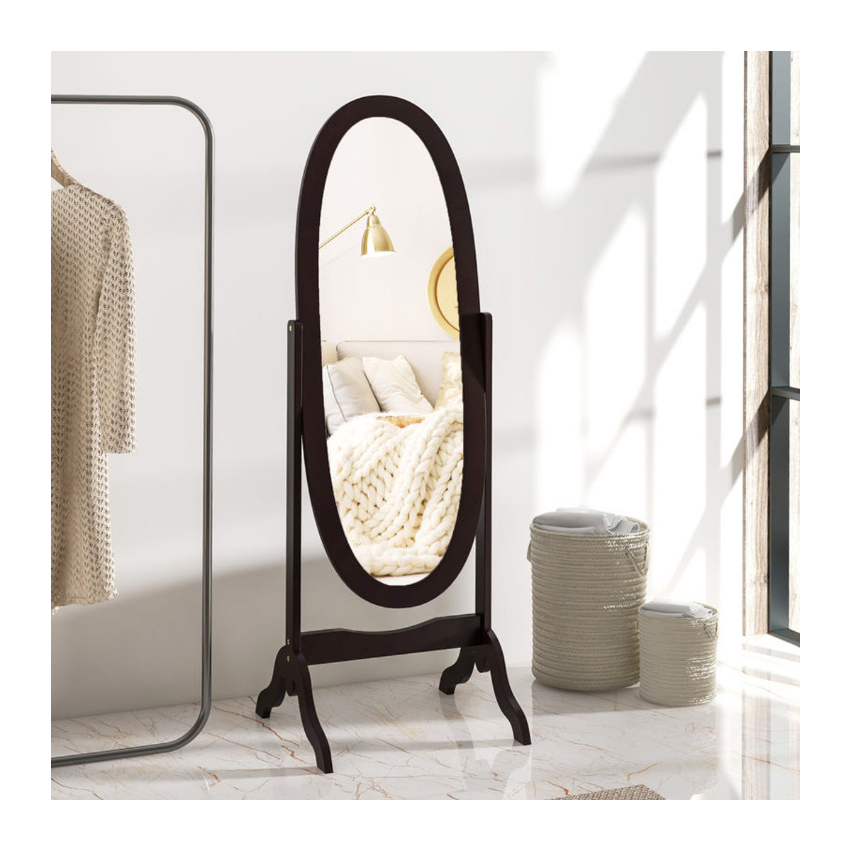 HOMCOM Standspiegel oval im Shabby-Chic Landhausstil aus Holz in Braun, neigbar, H x B x T: 147 x 48 x 46 cm - Bild 2