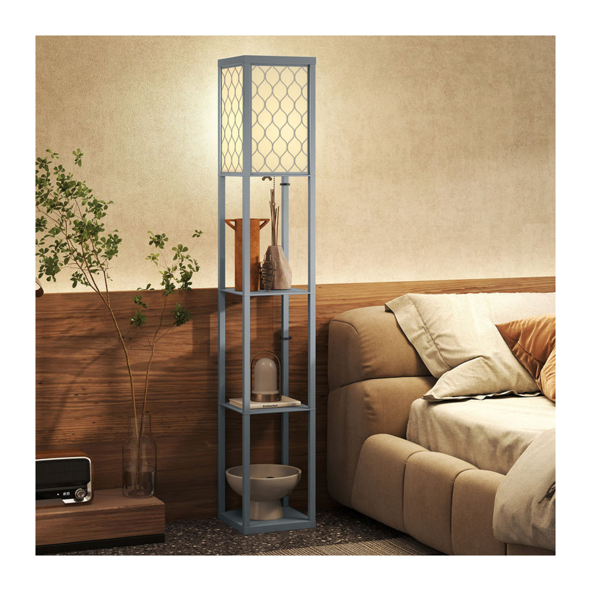 HOMCOM Stehlampe mit Regal und Textillampenschirm, dimmbare Stehleuchte für Wohnzimmer und Schlafzimmer, E27 Fassung, Schwarz/Grau/Weiß - Bild 2