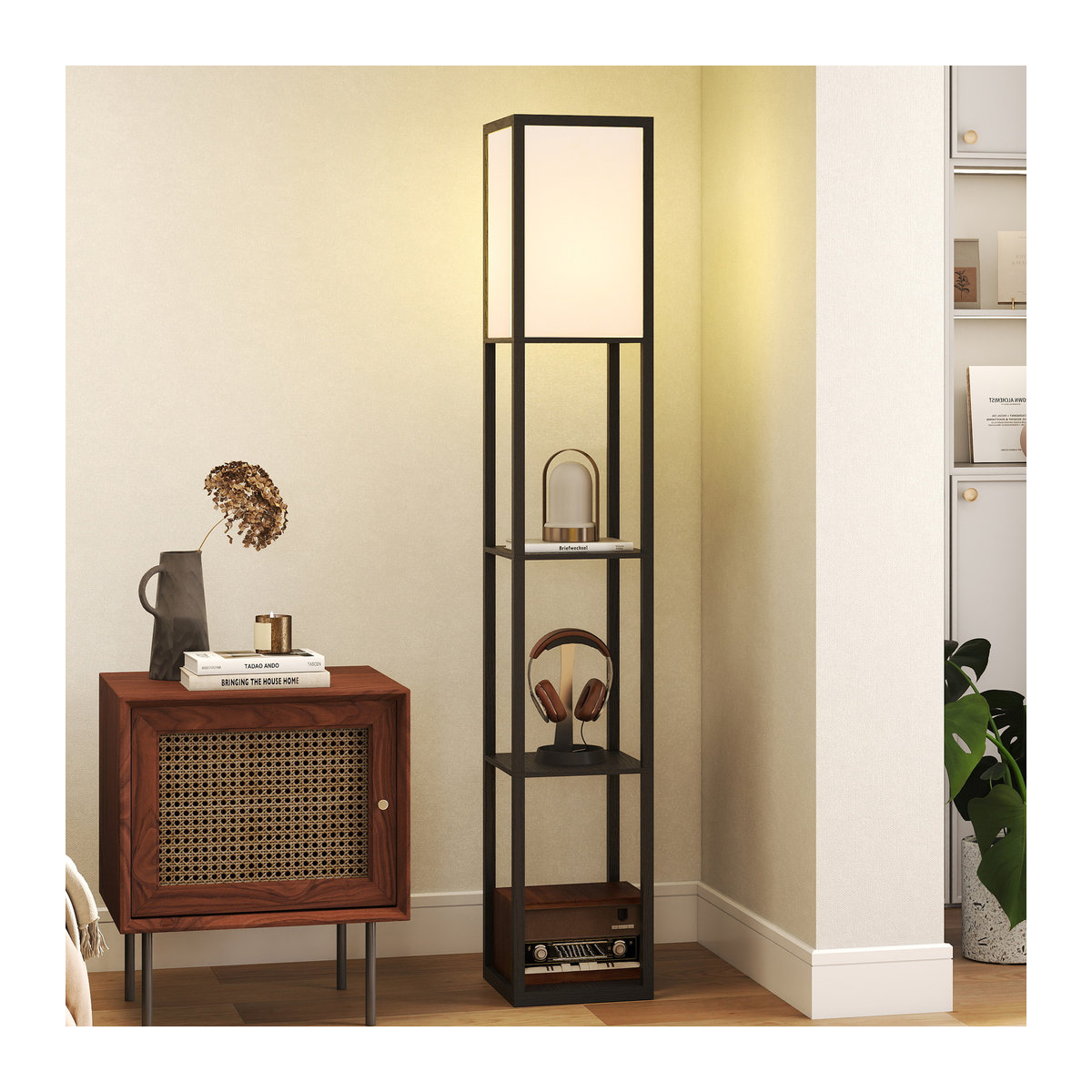 HOMCOM Stehlampe mit Regalen in Schwarz mit Acryl-Lampenschirm und E27 Fassung für Wohnzimmer, Schlafzimmer oder Büro - Bild 2