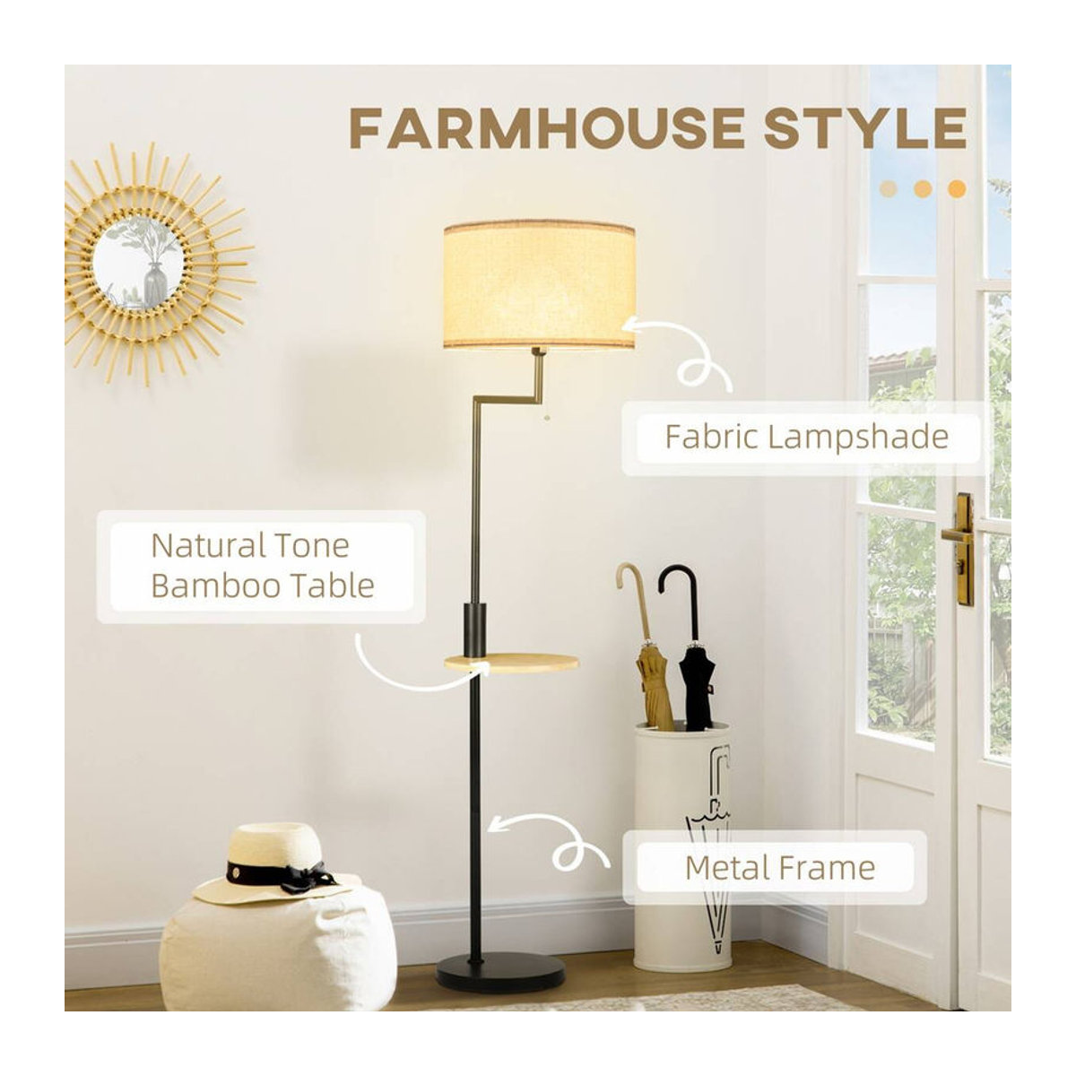 HOMCOM Stehleuchte mit Ablage aus Stahl und Bambus in Beige, B/H/T: 40 x 168 x 40 cm - Bild 5