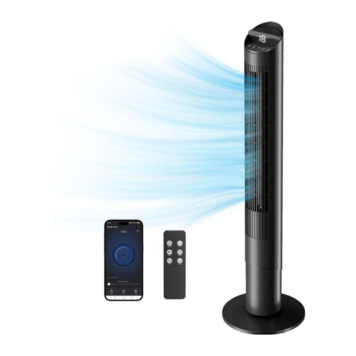 HOMCOM Turmventilator Schwarz mit Fernbedienung, WiFi-App, 65 Grad Oszillation, 6 Geschwindigkeiten und 12-Stunden-Timer, Höhe: 116 cm - Bild 1