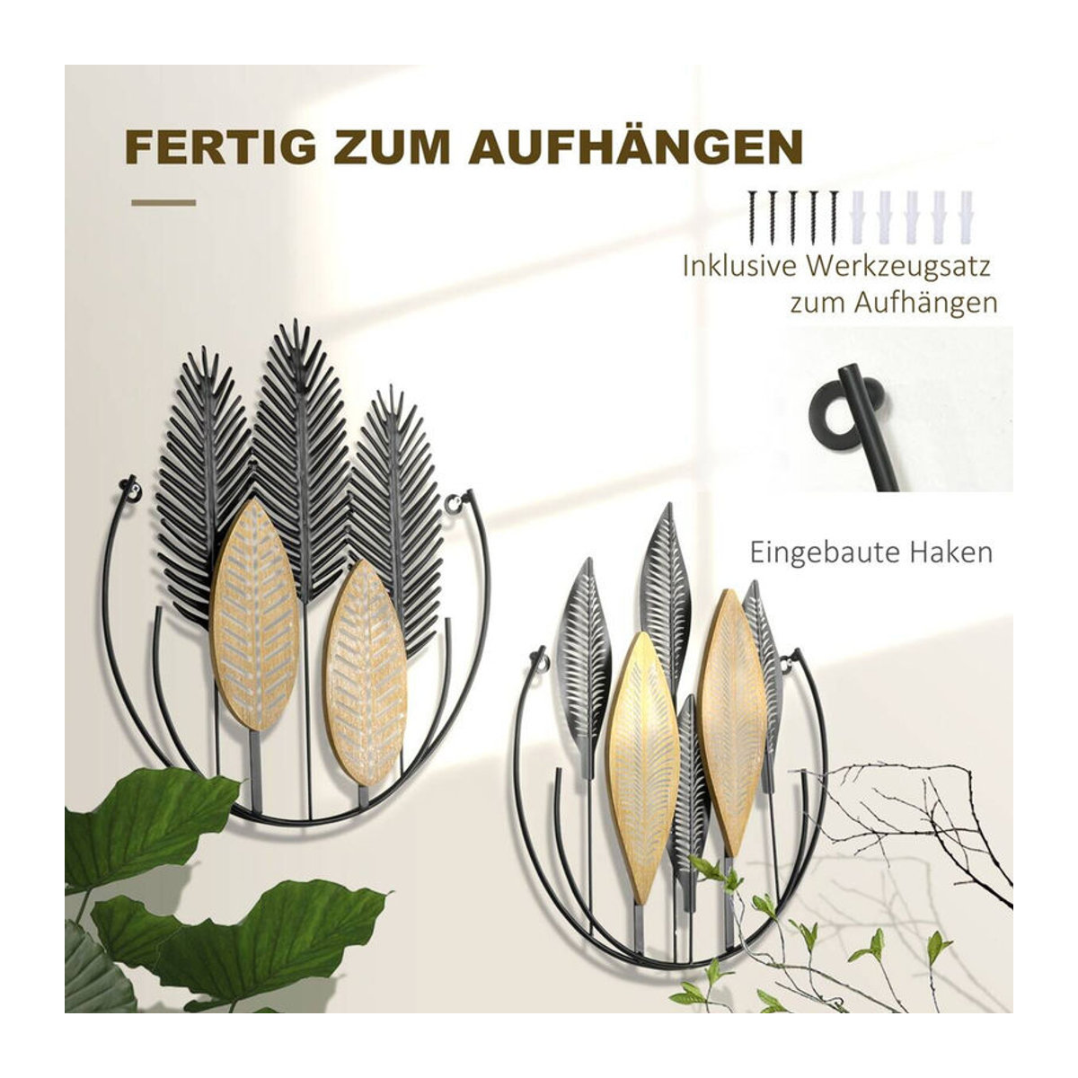 HOMCOM Wand-Element Dekoration in Schwarz und Natur, modern und abstrakt, aus Metall und Polypropylen, B/H/T: 3 x 40 x 46 cm - Bild 3