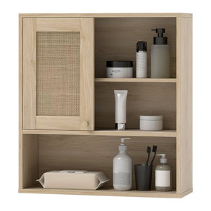 HOMCOM Wandhängeschrank im Bohemian Design mit Rattan und offenen Regalen, Naturholz, B: 60 cm, T: 20 cm, H: 65 cm