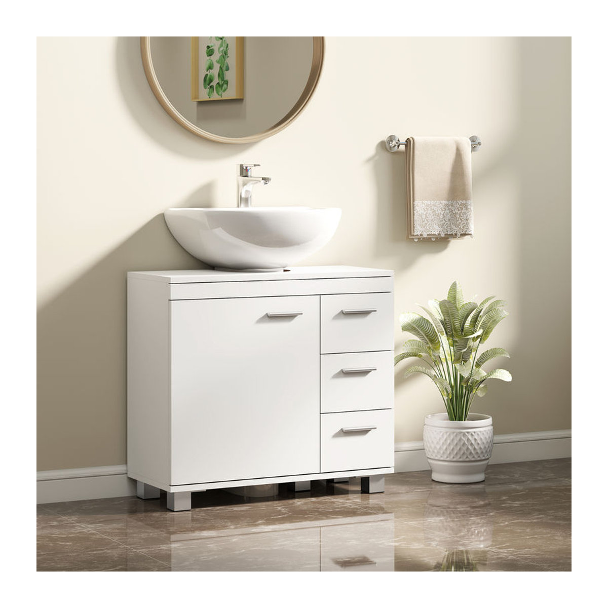 HOMCOM Waschbeckenunterschrank mit Schubladen und Soft-Close Tür, Badezimmerschrank mit U-förmigem Ausschnitt, Weiß, B: 70 cm, T: 30 cm, H: 64 cm - Bild 2
