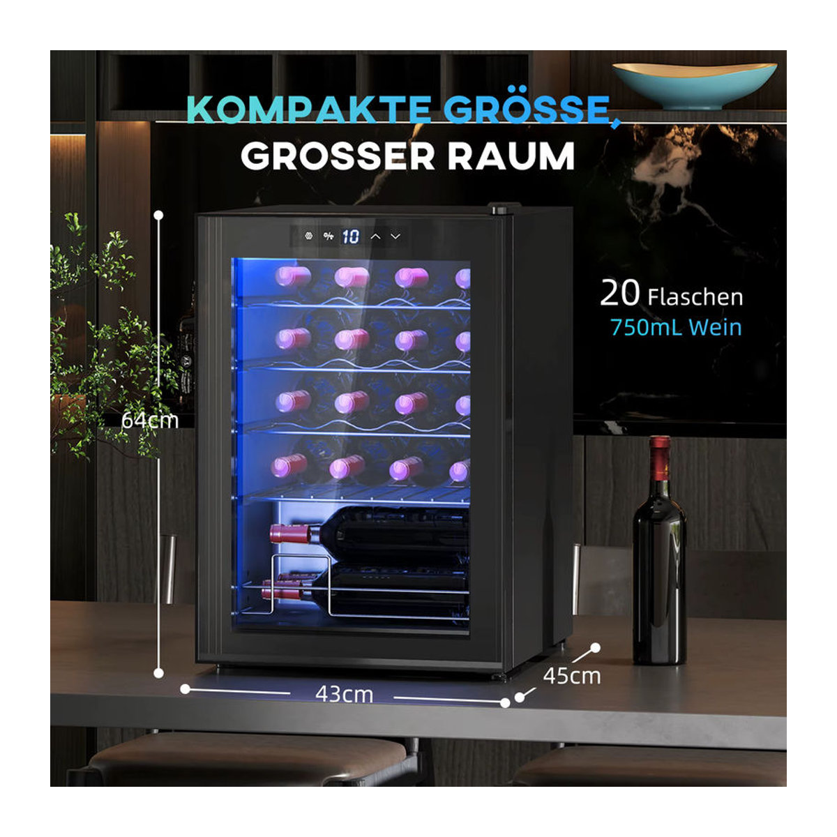HOMCOM Weinkühlschrank aus Metall und Glas in Schwarz, Modern, B: 43 cm, T: 45 cm, H: 64 cm - Bild 3