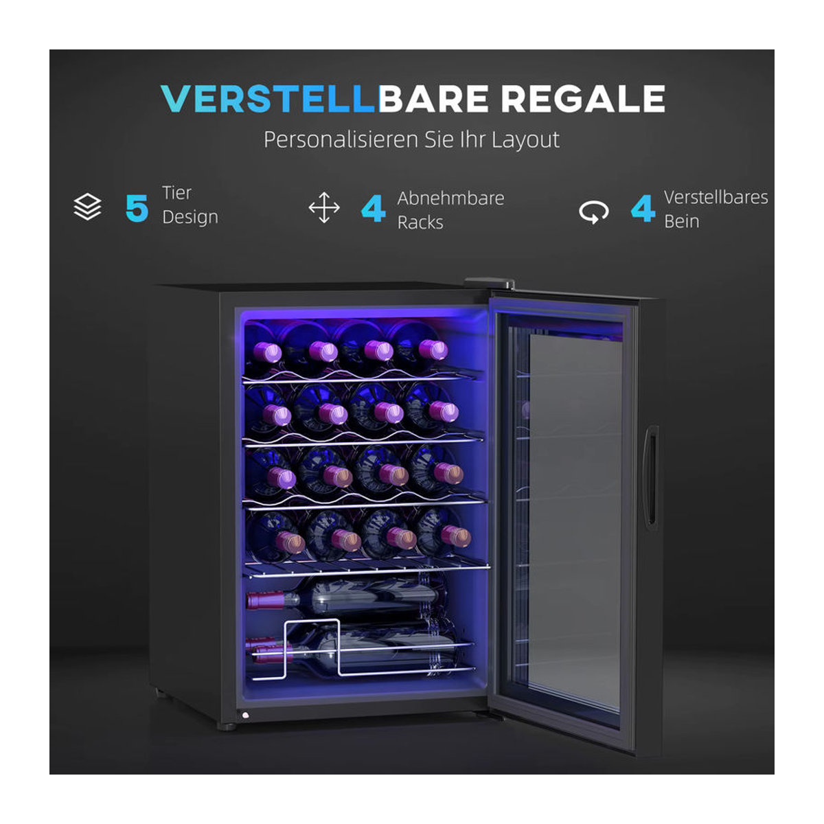 HOMCOM Weinkühlschrank aus Metall und Glas in Schwarz, Modern, B: 43 cm, T: 45 cm, H: 64 cm - Bild 5